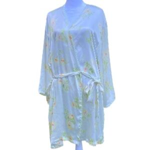 Oscar De La Renta Robe White Yellow Floral Satin Wrap